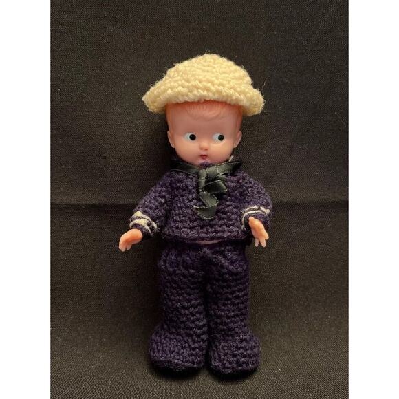Knickerbocker Celluloid Boy Side Eye Doll Navy Crocheted Sailor Uniform Rattles - Picture 1 of 7